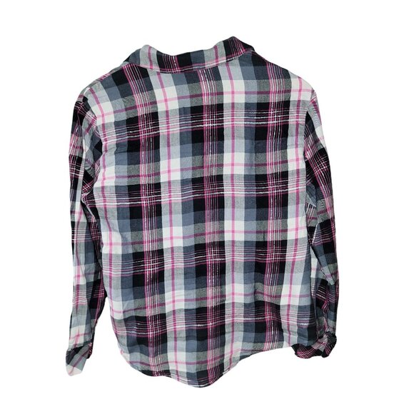Victoria's Secret Flannel Button Up Sleep Shirt Pajama Top Black Pink Plaid - Picture 2 of 5